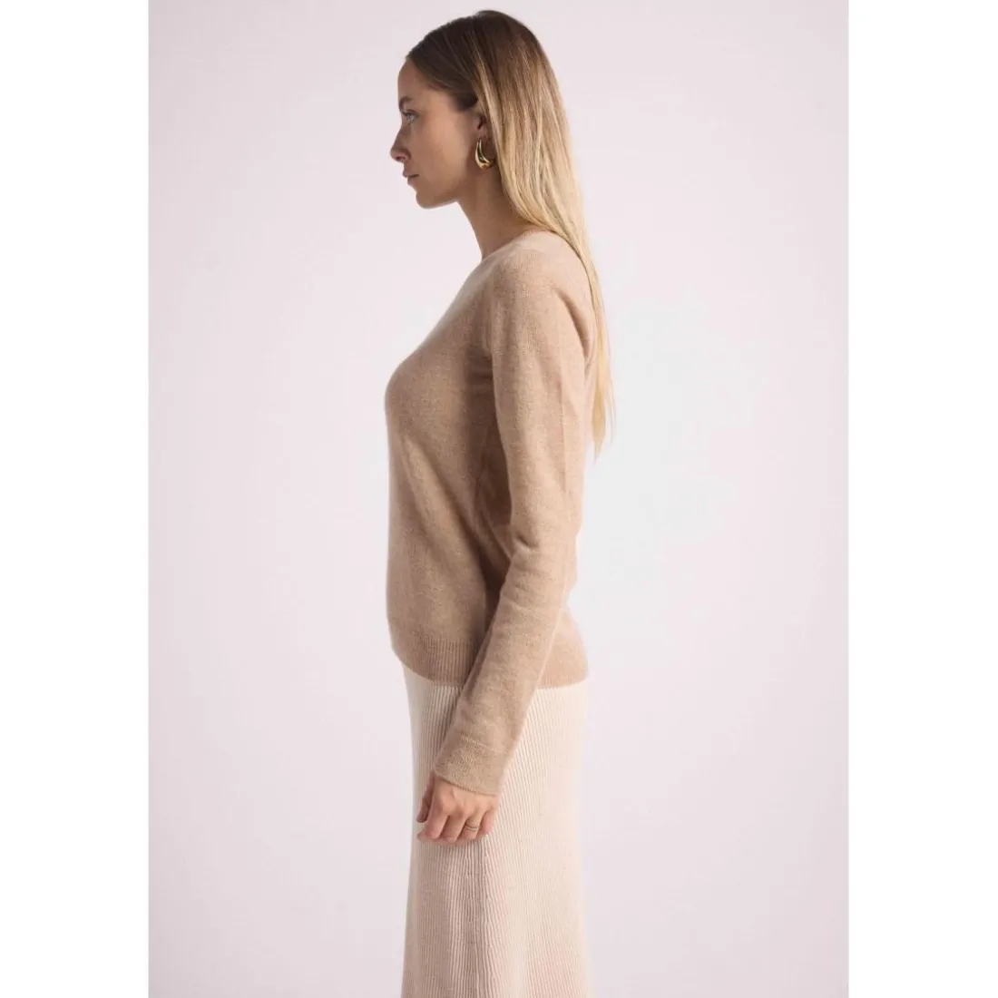 Pull col rond coudes cœurs ZAIME en cachemire new beige creme et coeurs blanc