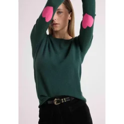 Pull col rond coudes cœurs femme ZAIME en cachemire vert bouteille et coeurs rose