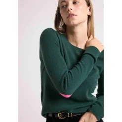 Pull col rond coudes cœurs femme ZAIME en cachemire vert bouteille et coeurs rose