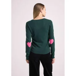 Pull col rond coudes cœurs femme ZAIME en cachemire vert bouteille et coeurs rose