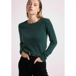 Pull col rond coudes cœurs femme ZAIME en cachemire vert bouteille et coeurs rose