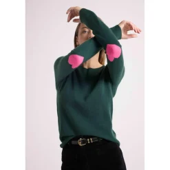 Pull col rond coudes cœurs femme ZAIME en cachemire vert bouteille et coeurs rose