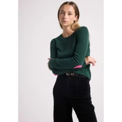 Pull col rond coudes cœurs femme ZAIME en cachemire vert bouteille et coeurs rose