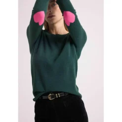 Pull col rond coudes cœurs femme ZAIME en cachemire vert bouteille et coeurs rose