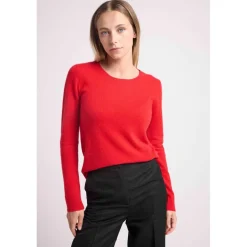 Pull col rond coudes cœurs ZAIME en cachemire rouge et cœurs rose