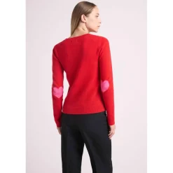 Pull col rond coudes cœurs ZAIME en cachemire rouge et cœurs rose