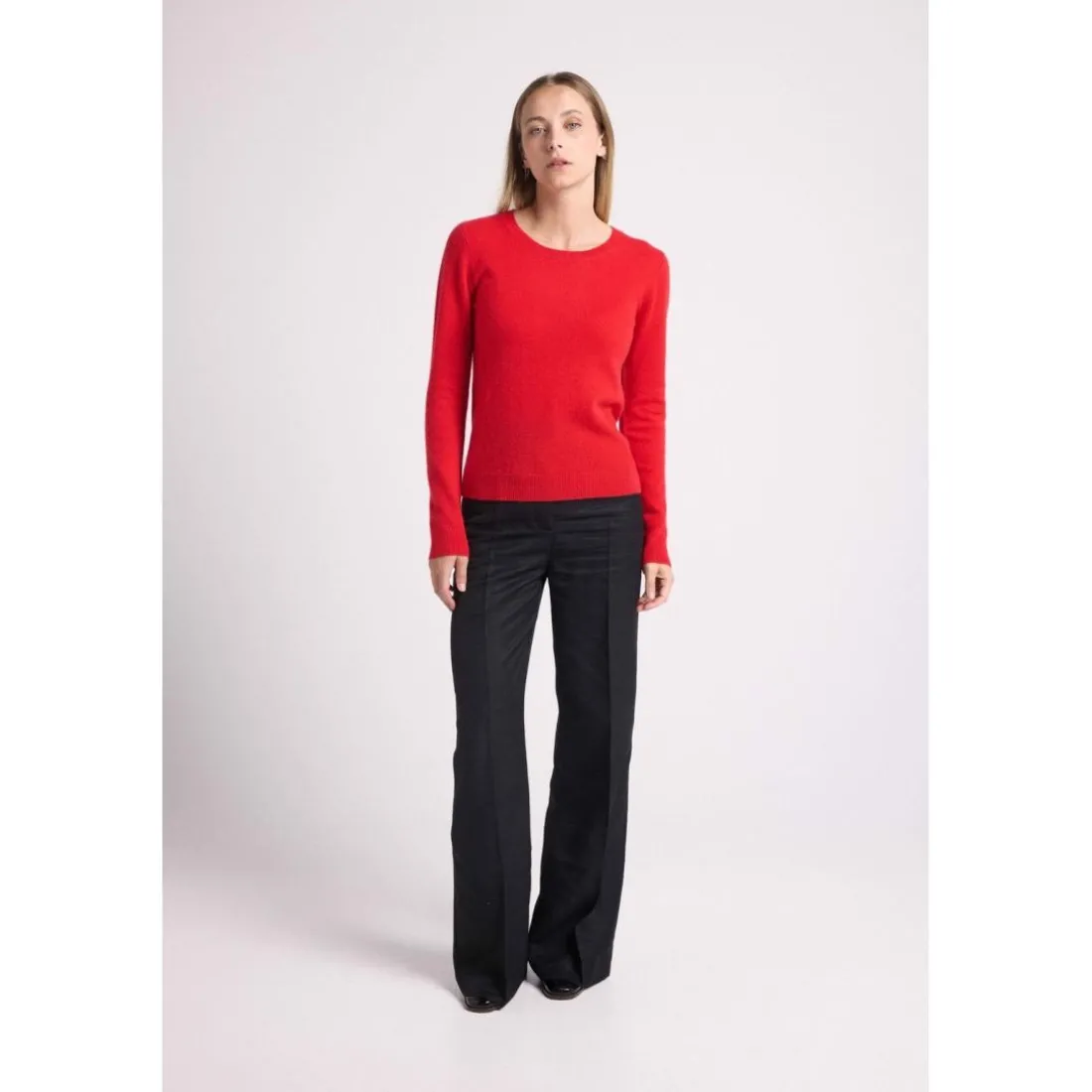 Pull col rond coudes cœurs ZAIME en cachemire rouge et cœurs rose
