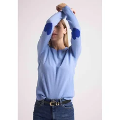 Pull col rond coudes cœurs femme ZAIME en cachemire bleu ciel et cœurs bleu roi