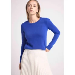 Pull col rond coudes cœurs femme ZAIME en cachemire bleu roi et coeurs blanc