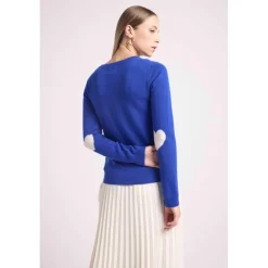 Pull col rond coudes cœurs femme ZAIME en cachemire bleu roi et coeurs blanc