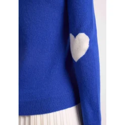 Pull col rond coudes cœurs femme ZAIME en cachemire bleu roi et coeurs blanc