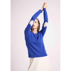 Pull col rond coudes cœurs femme ZAIME en cachemire bleu roi et coeurs blanc