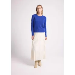 Pull col rond coudes cœurs femme ZAIME en cachemire bleu roi et coeurs blanc