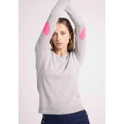 Pull col rond coudes cœurs femme ZAIME en cachemire gris et coeurs rose