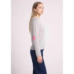 Pull col rond coudes cœurs femme ZAIME en cachemire gris et coeurs rose
