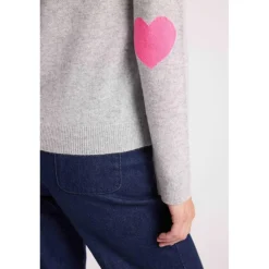 Pull col rond coudes cœurs femme ZAIME en cachemire gris et coeurs rose