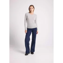 Pull col rond coudes cœurs femme ZAIME en cachemire gris et coeurs rose