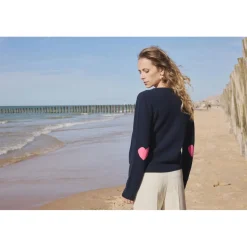 Pull col rond coudes cœurs femme ZAIME en cachemire bleu marine rose fluo