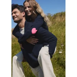 Pull col rond coudes cœurs femme ZAIME en cachemire bleu marine rose fluo