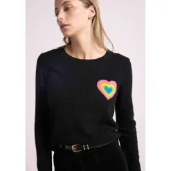 Pull col rond cœur multicolor ELINE en cachemire noir