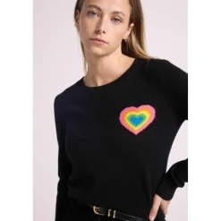 Pull col rond cœur multicolor ELINE en cachemire noir
