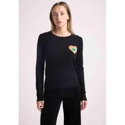 Pull col rond cœur multicolor ELINE en cachemire noir