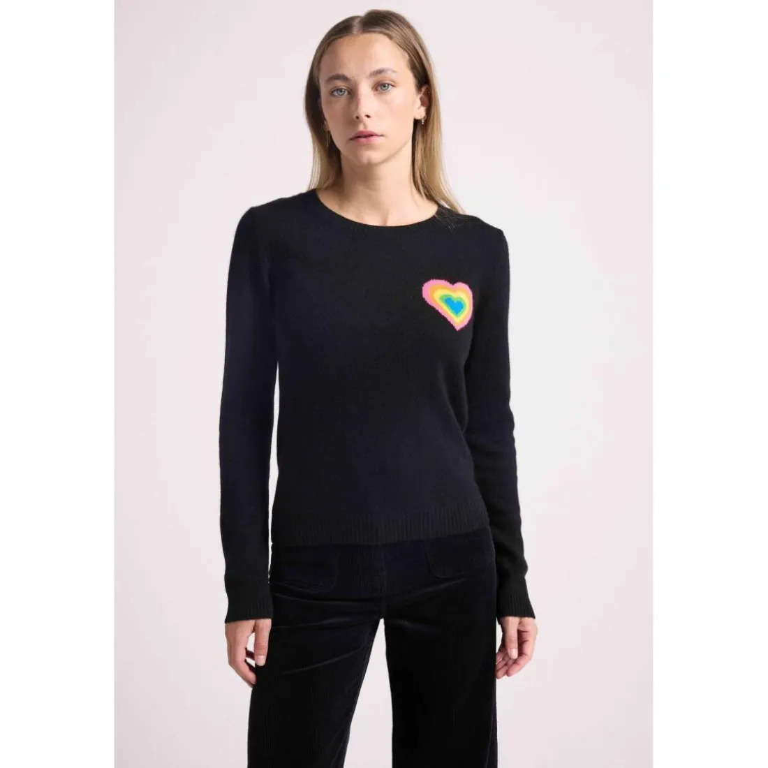 Pull col rond cœur multicolor ELINE en cachemire noir