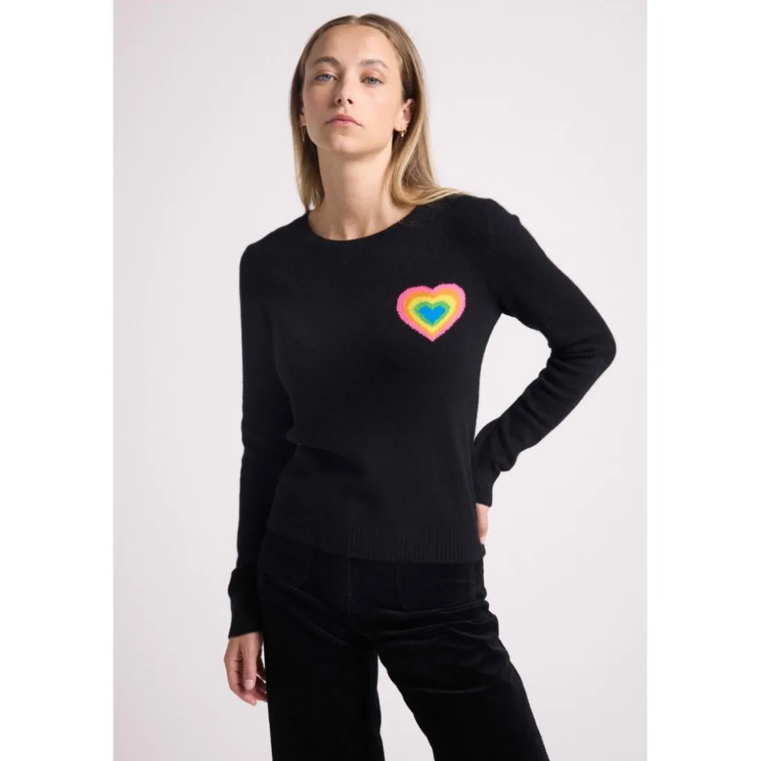 Pull col rond cœur multicolor ELINE en cachemire noir