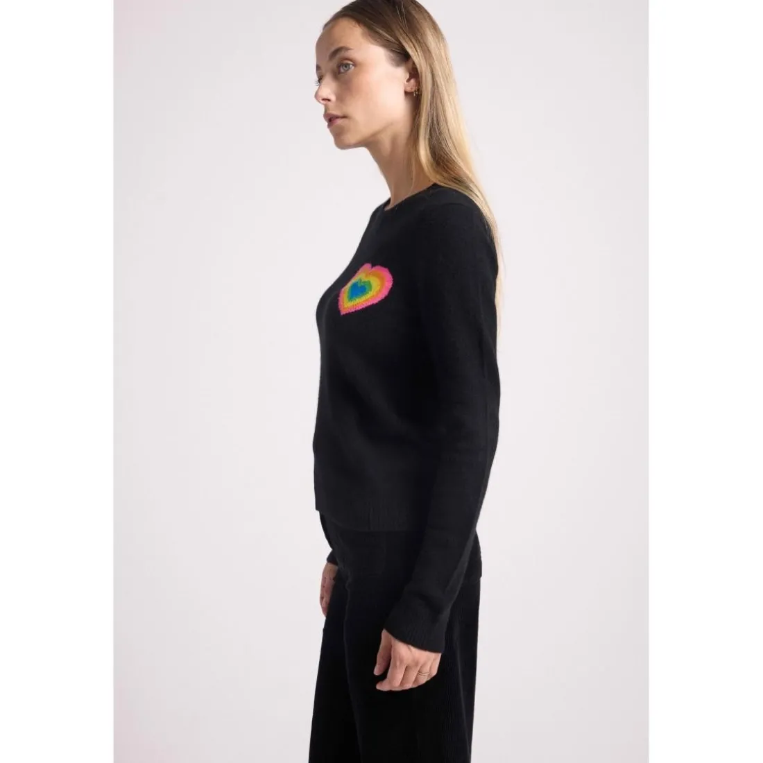 Pull col rond cœur multicolor ELINE en cachemire noir