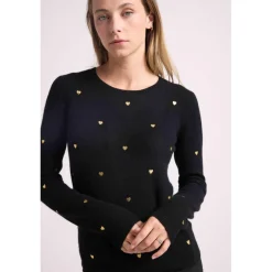 Pull col rond cœurs dores CLEMENTINE en cachemire noir et dore