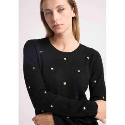 Pull col rond cœurs dores CLEMENTINE en cachemire noir et dore