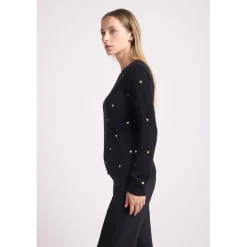 Pull col rond cœurs dores CLEMENTINE en cachemire noir et dore
