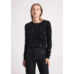 Pull col rond cœurs dores CLEMENTINE en cachemire noir et dore