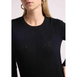 Pull col rond cœurs pointelle LINDA en cachemire noir