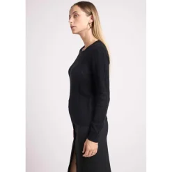 Pull col rond cœurs pointelle LINDA en cachemire noir