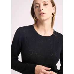 Pull col rond cœurs pointelle LINDA en cachemire noir
