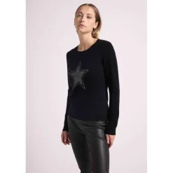 Pull col rond etoile lurex argente REBECCA V2 en cachemire noir et lurex gris