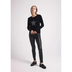Pull col rond etoile lurex argente REBECCA V2 en cachemire noir et lurex gris