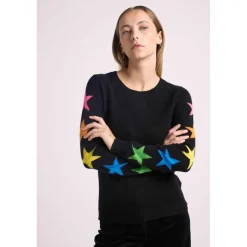 Pull col rond etoiles multicolores STELLA en cachemire noir