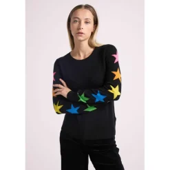 Pull col rond etoiles multicolores STELLA en cachemire noir