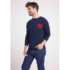 Pull col rond love heritage homme ZEMIR en cachemire bleu marine cœur rouge