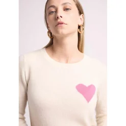 Pull col rond love heritage ZAPHIRA en cachemire blanc et cœur rose
