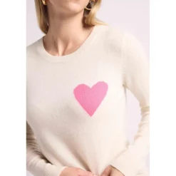 Pull col rond love heritage ZAPHIRA en cachemire blanc et cœur rose