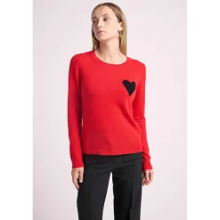 Pull col rond love heritage ZAPHIRA en cachemire rouge et cœur noir