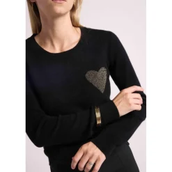 Pull col rond love heritage ZAPHIRA en cachemire noir et cœur dore