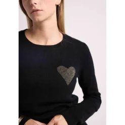 Pull col rond love heritage ZAPHIRA en cachemire noir et cœur dore
