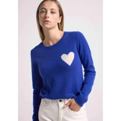 Pull col rond love heritage femme ZAPHIRA en cachemire bleu roi et cœur blanc