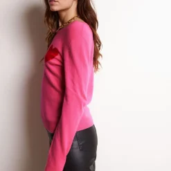 Pull col rond love heritage femme ZAPHIRA en cachemire rose fluo