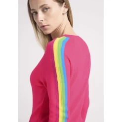 Pull col rond manches bandes arc en ciel SALSA en cachemire rose fluo