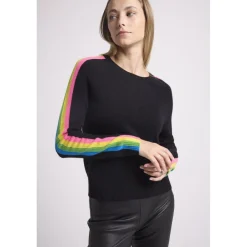 Pull col rond manches bandes arc en ciel SALSA en cachemire noir